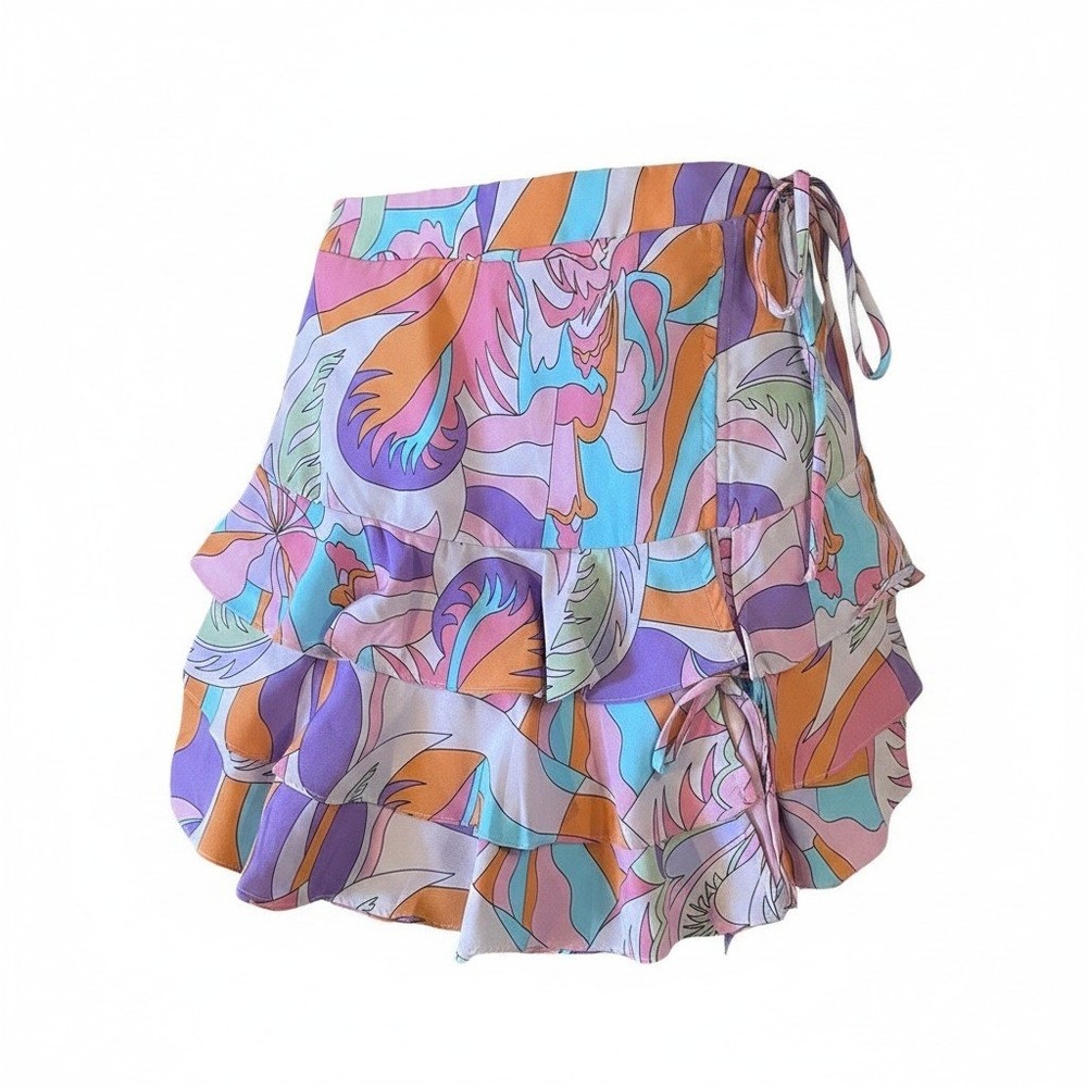 Milk & Honey Tiered Mini Skirt Women Medium Pink Psychedelic Whimsical Mod Retro